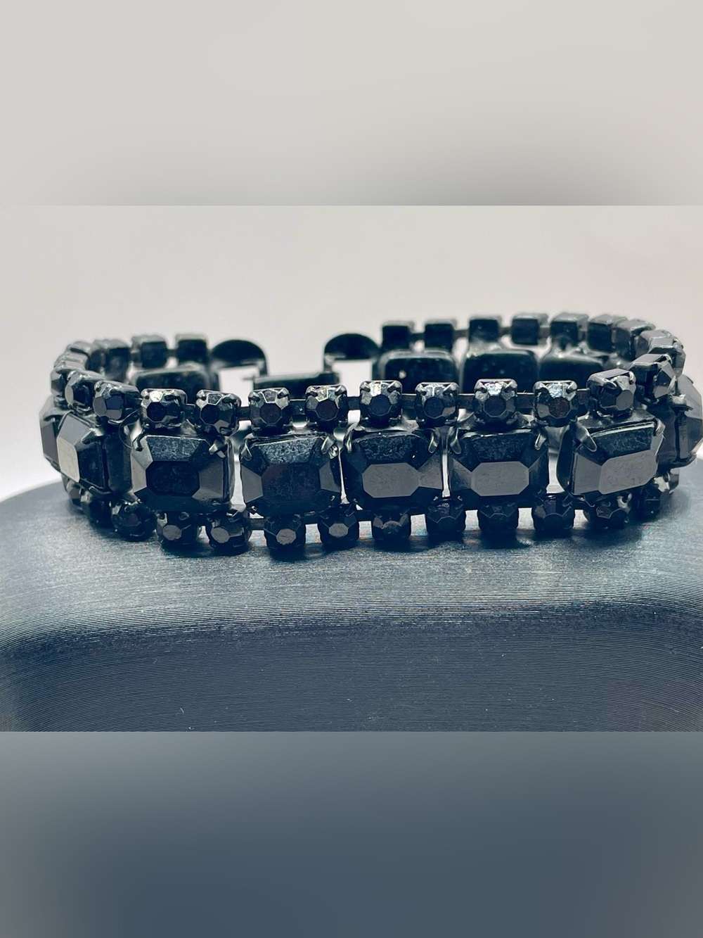 Albert Weiss Vintage Black Faceted Rhinestone Bracelet w/Fold over Clasp. 7 in.